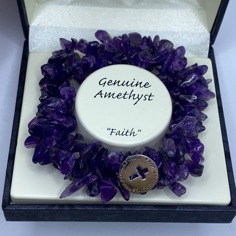 NIB Genuine Amethyst Spiritual Purple Gemstone Bracelet Faith Sterling Silver